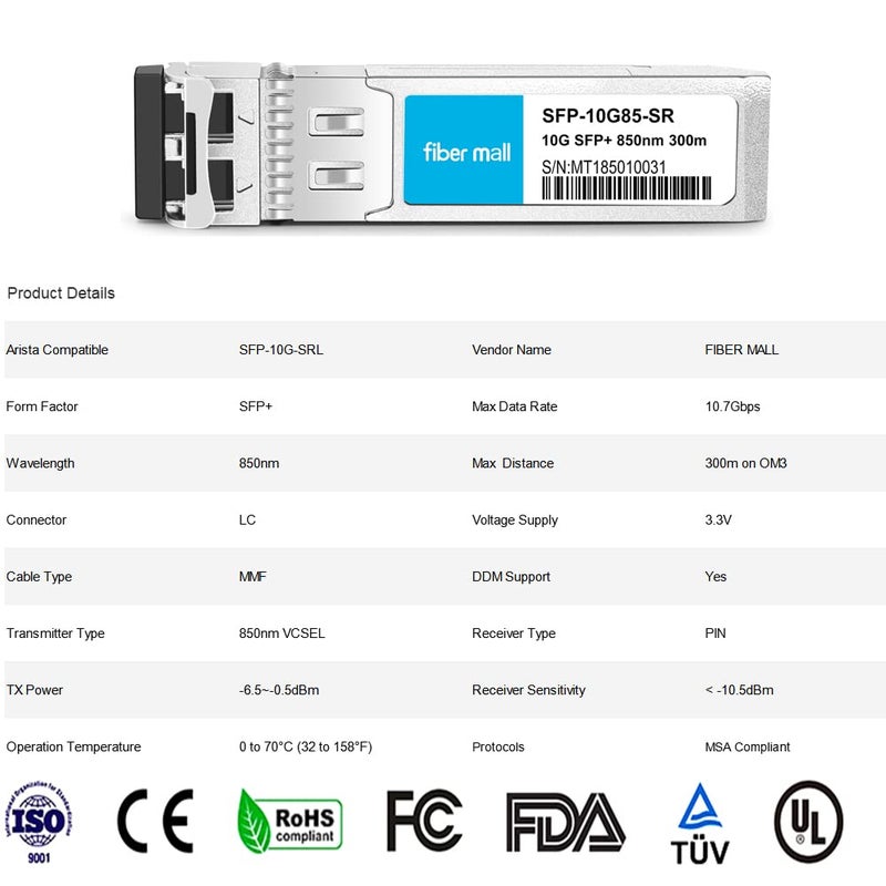 fiber mall SFP 10G SR for Arista SFP-10G -SR SFP-10G-SRL 10GBASE-SR SFP+ MultiMode 850nm 300m LC DOM Transceiver Module - Image 5